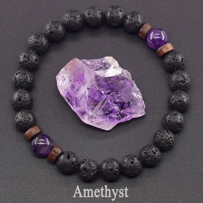 Men’s Tiger Eye & Lava Stone Bead Bracelet – Tibetan Buddha Elastic Wristband Jewelry