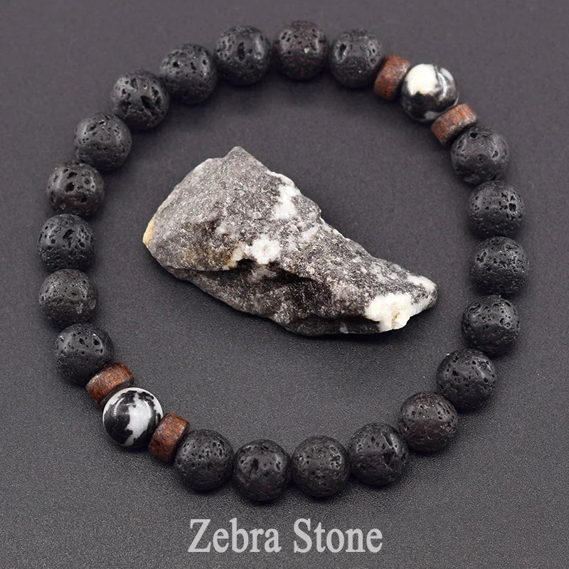 Men’s Tiger Eye & Lava Stone Bead Bracelet – Tibetan Buddha Elastic Wristband Jewelry