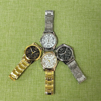 Men’s Light Luxury Watch – Gold Stainless Steel Wristwatch with 3-Eye Dial