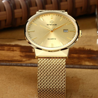 Men’s Ultra-Thin Gold Mesh Watch –Luxury Stainless Steel Waterproof Wristwatch with Date Display