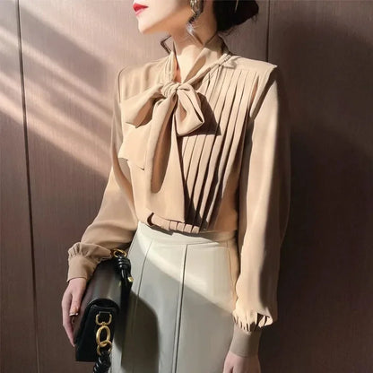 Women’s Elegant Bow Neck Chiffon Shirt Top | Long Sleeve Korean Office Blouse Y2K Workwear