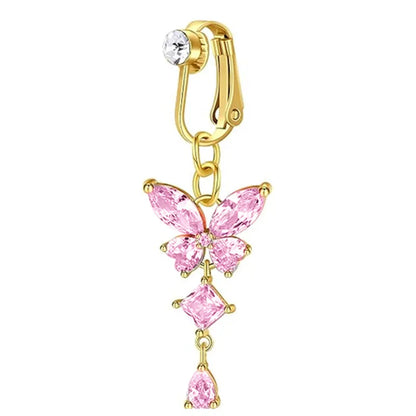 Women’s Clip-On Belly Button – Butterfly Zircon Pink Fake Navel Piercing Jewelry