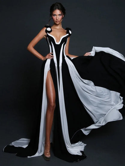 Women’s Black & White Striped V-Neck Maxi Dress – Bandage Evening Outfit