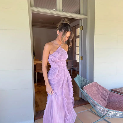 Women’s Halter Neck Ruffled Gown – Elegant Sleeveless Backless High Waist Irregular Long Dress