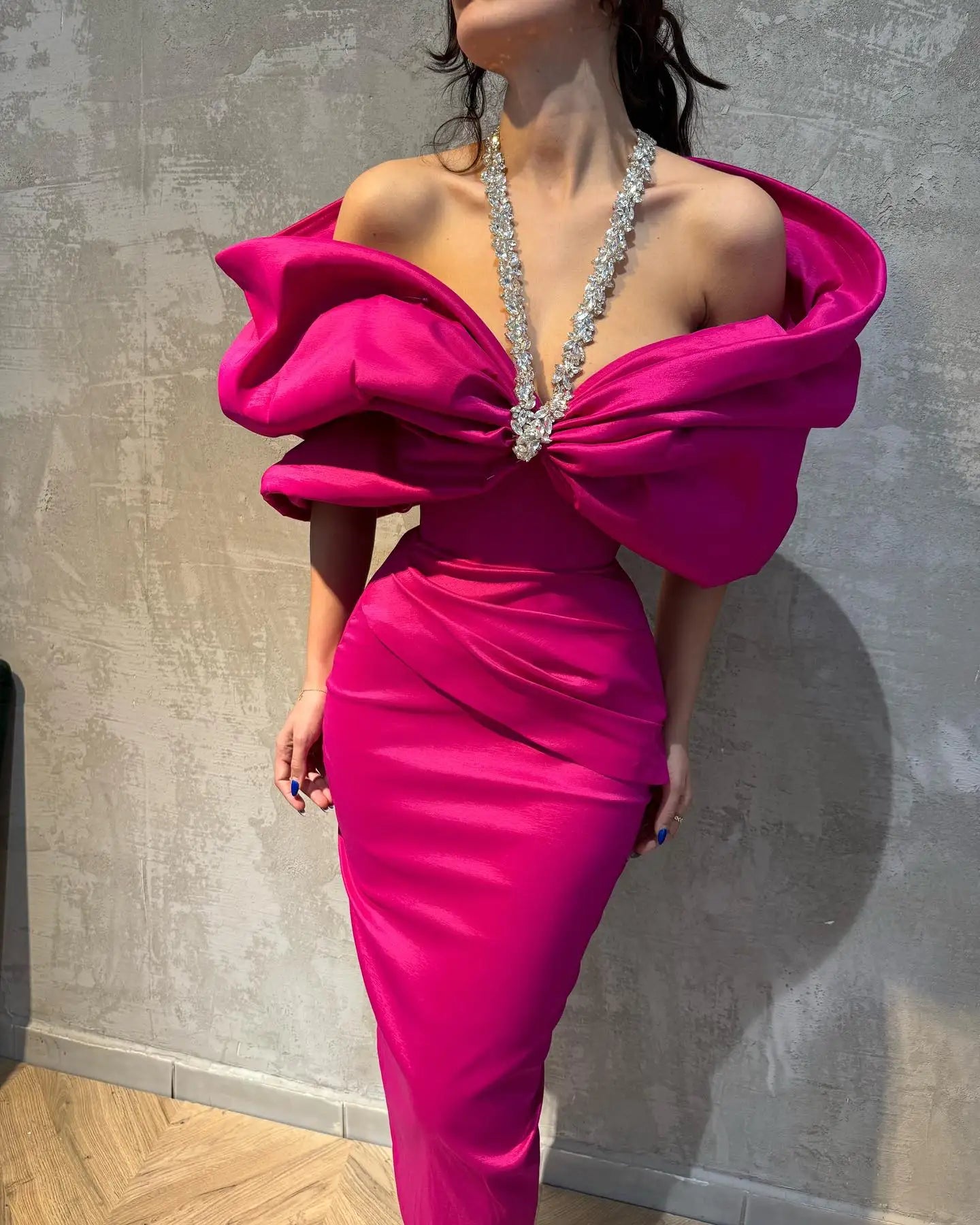 Women’s Red & Black Crystal Halter Dress – Off-Shoulder Ruffled Long Bandage Evening Party Dress