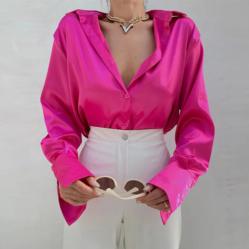 Women’s Vintage Polo Collar Shirt Top – Loose Button-Up Office Blouse in Blue, Green & Black for Autumn Fashion