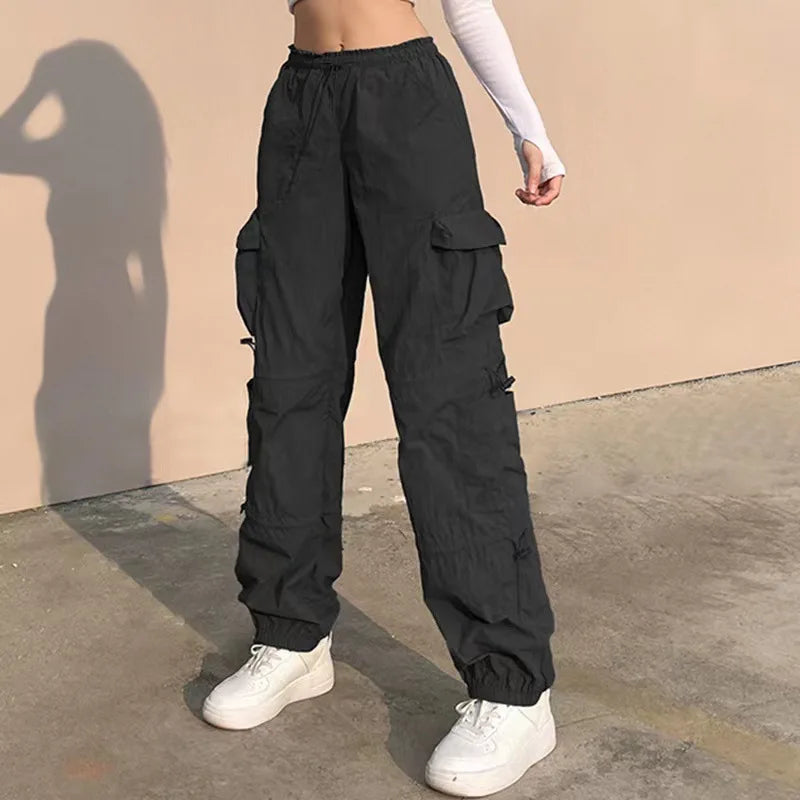 Women’s Cargo Street Pants Bottom – American Hip-Hop Style Multi-Pocket Workwear with Drawstring Elastic Waist and Loose Fit