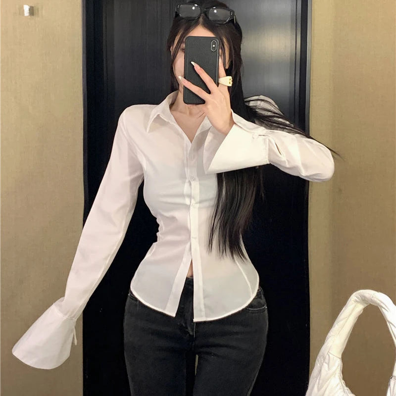 Women’s Korean Bandage Shirt Top – Slim Fit Bell Sleeve Blouse for Spring Casual Streetwear