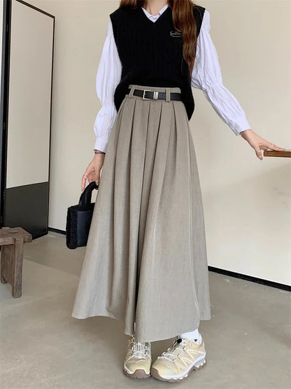 Women’s Pleated Long Skirt Bottom – Solid Color Mid-Length Large Swing Skirt Versatile Elegant Style