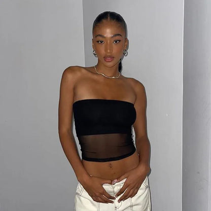 Women’s Corset Black Crop Top | Patchwork Strapless Tube Top | Sexy Sleeveless Off-Shoulder Cami | Summer Streetwear Slim Top