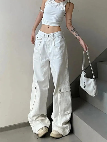 Women’s Korean Y2K Cargo Jeans Bottom – White Baggy Kpop Pants, Straight Wide Leg Elegant Trousers for Casual Streetwear Outfits
