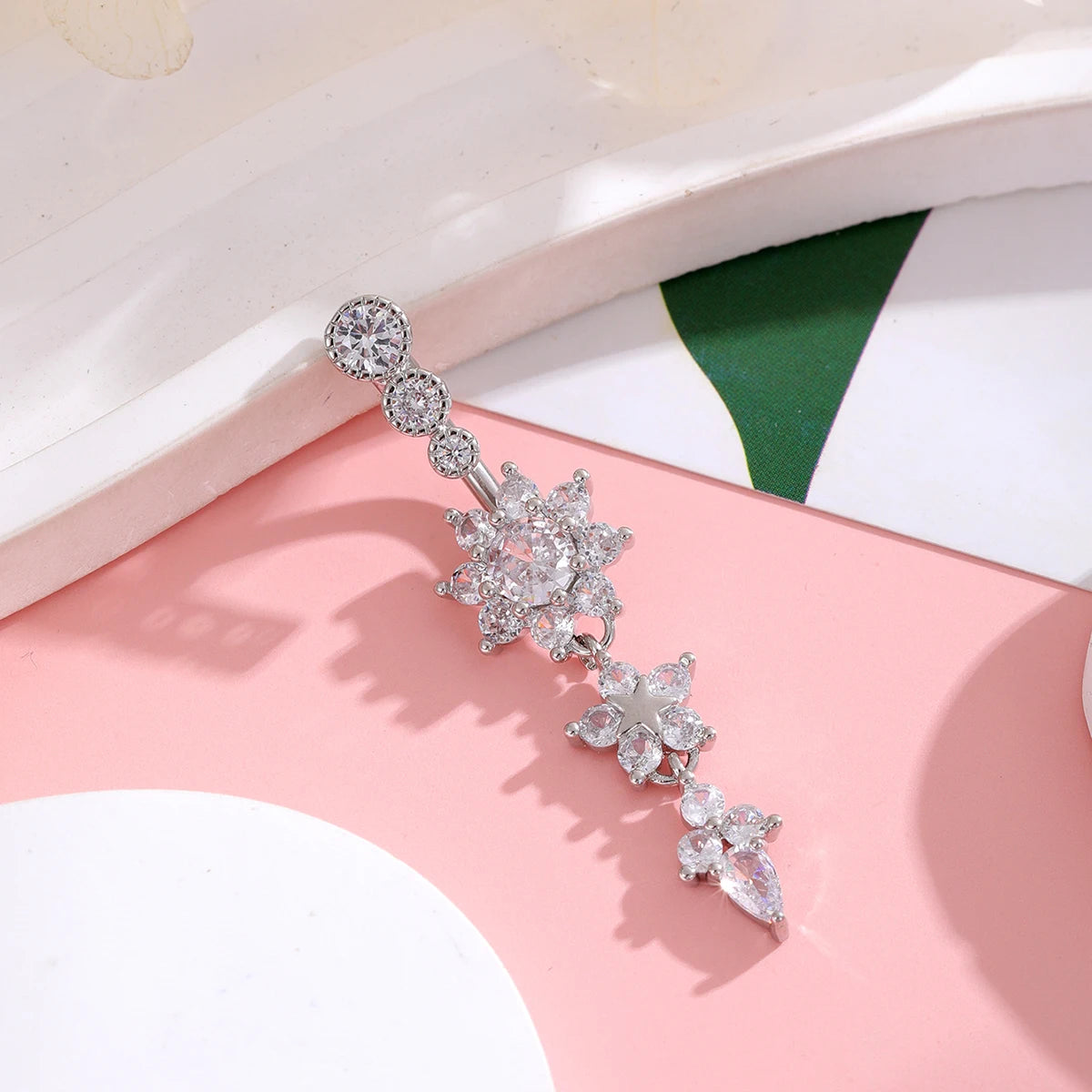 Women’s Gold Stainless Steel Belly Button – Long Dangle Flower CZ Crystal Navel Piercing Jewelry