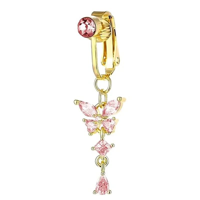 Women’s Clip-On Belly Button – Butterfly Zircon Pink Fake Navel Piercing Jewelry