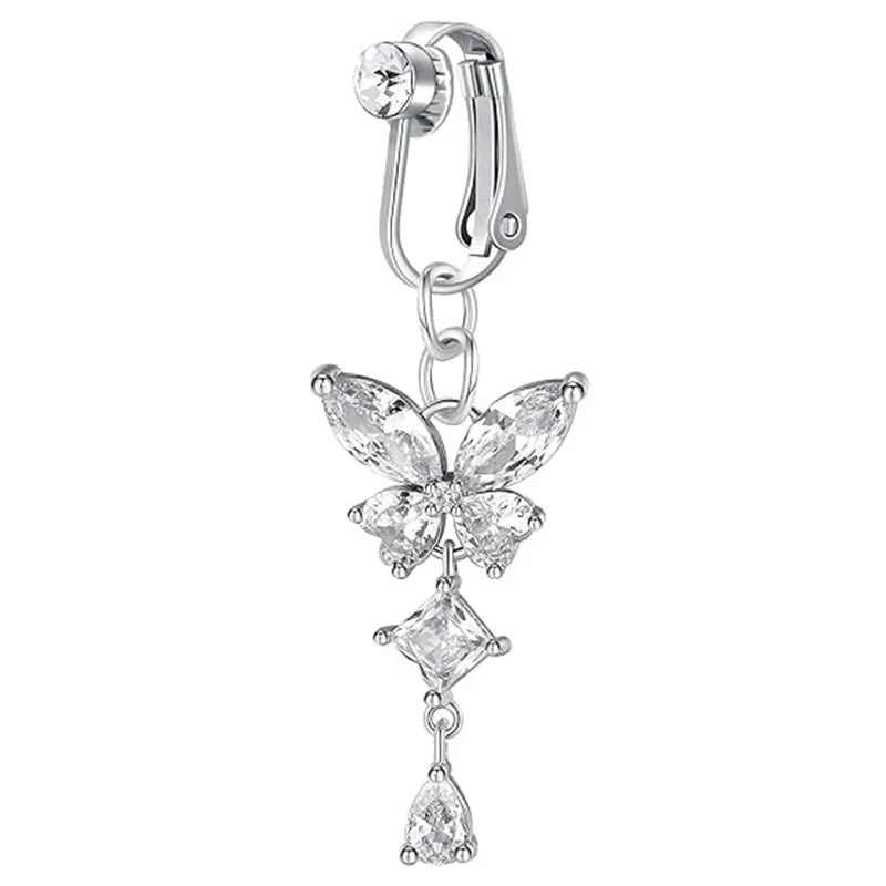 Women’s Clip-On Belly Button – Butterfly Zircon Pink Fake Navel Piercing Jewelry