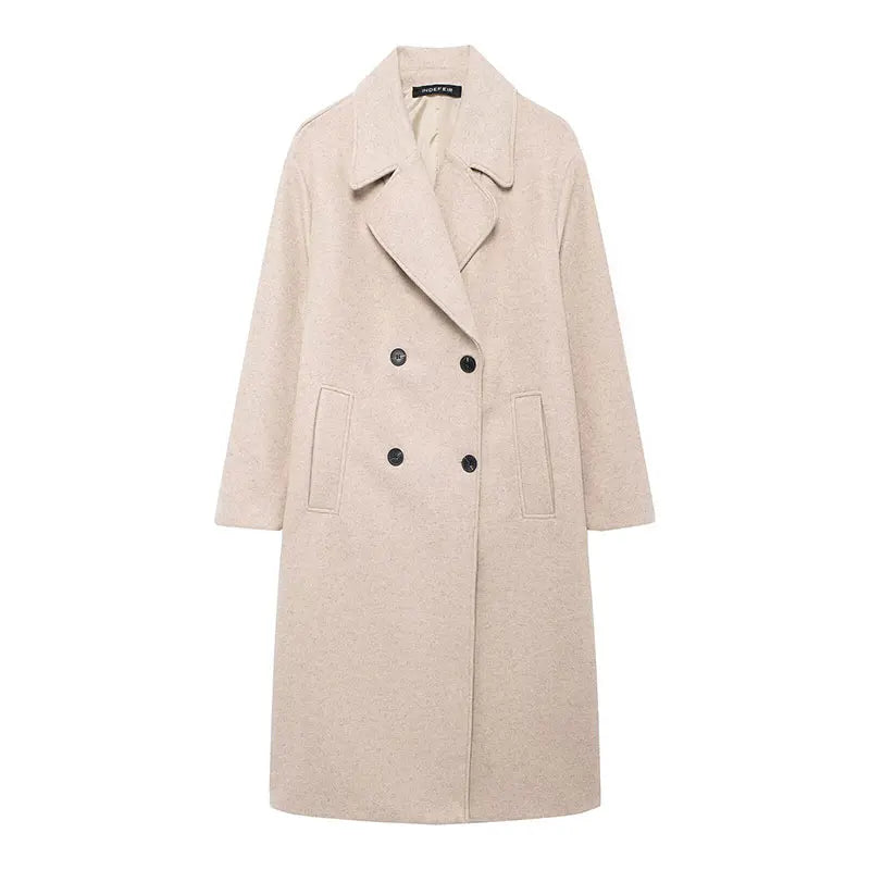 Women’s Solid Lapel Double Breasted Winter Long Coat | Elegant Streetwear Outerwear