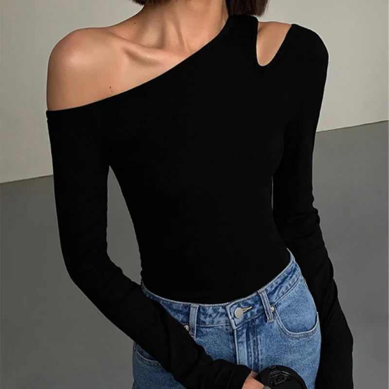 Women’s Skew Collar Off-Shoulder Long Sleeve Crop Top – Sexy Hollow Out Slim Fit Spring Top