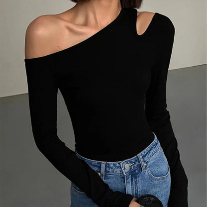 Women’s Skew Collar Off-Shoulder Long Sleeve Crop Top – Sexy Hollow Out Slim Fit Spring Top