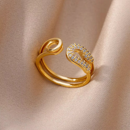 Women’s Gold Stainless Steel Heart Ring – Adjustable Imitation Open Band