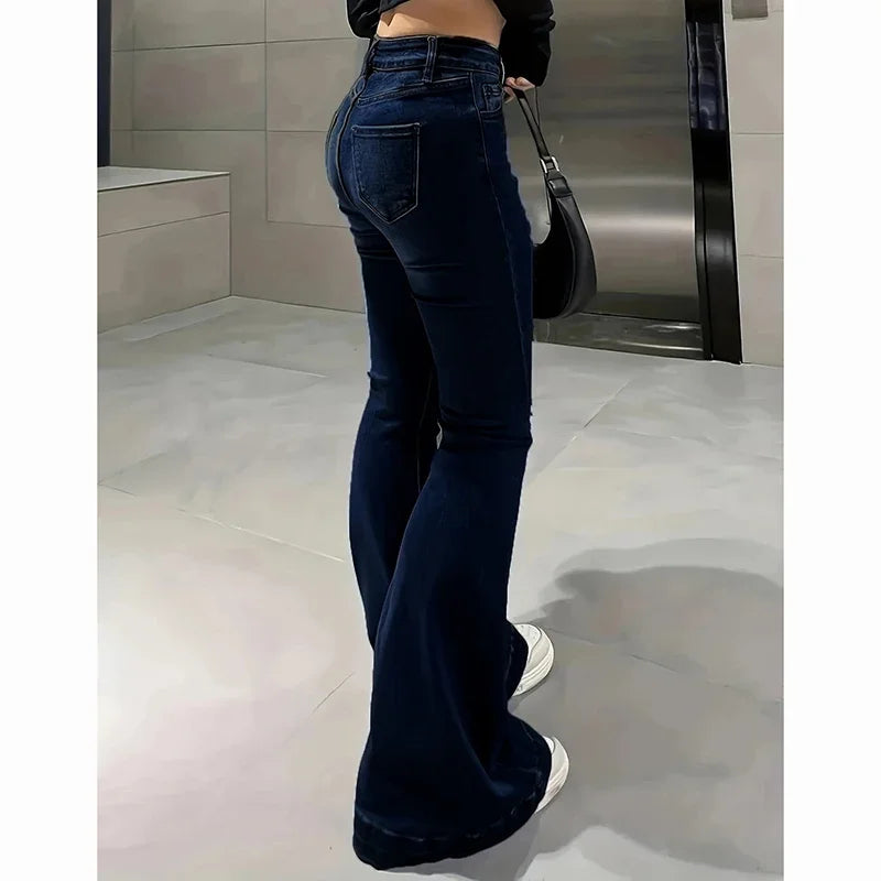 Women’s High Waist Flared Denim Bottom – Stretchy Bootcut Jeans with Bell Hem, Solid Color Casual Trousers