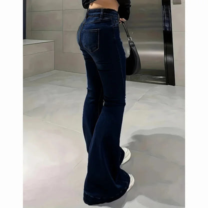 Women’s High Waist Flared Denim Bottom – Stretchy Bootcut Jeans with Bell Hem, Solid Color Casual Trousers