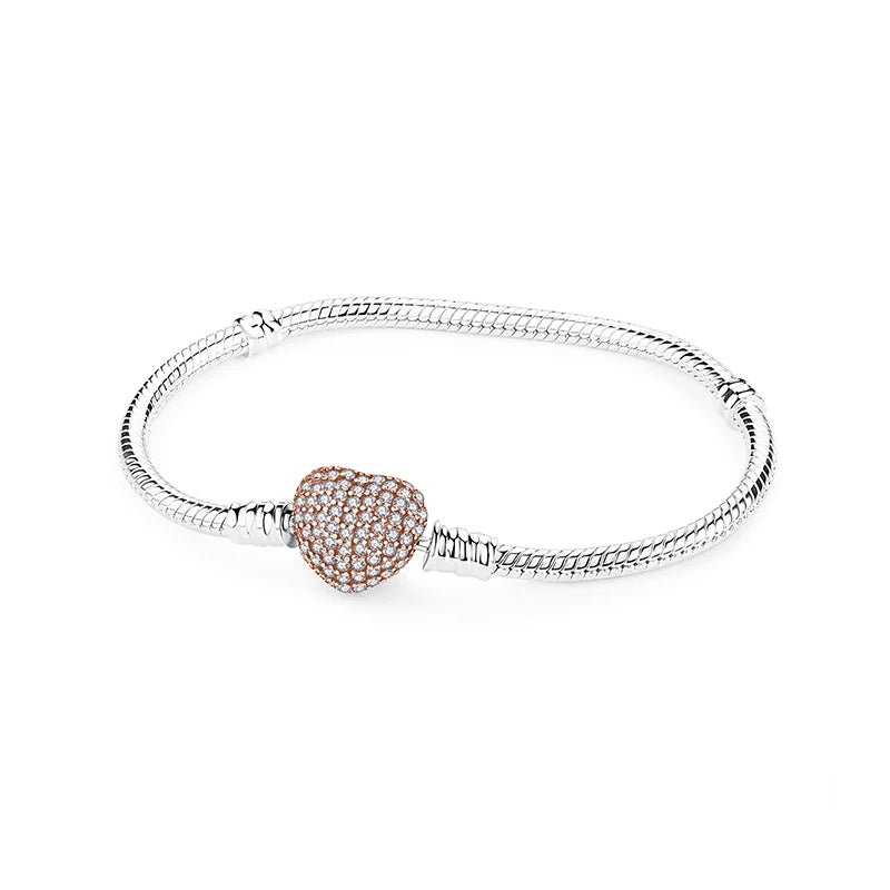 Women’s 925 Sterling Silver Bracelet – Rose Gold Snake Chain with Heart Charm Beads Jewelry