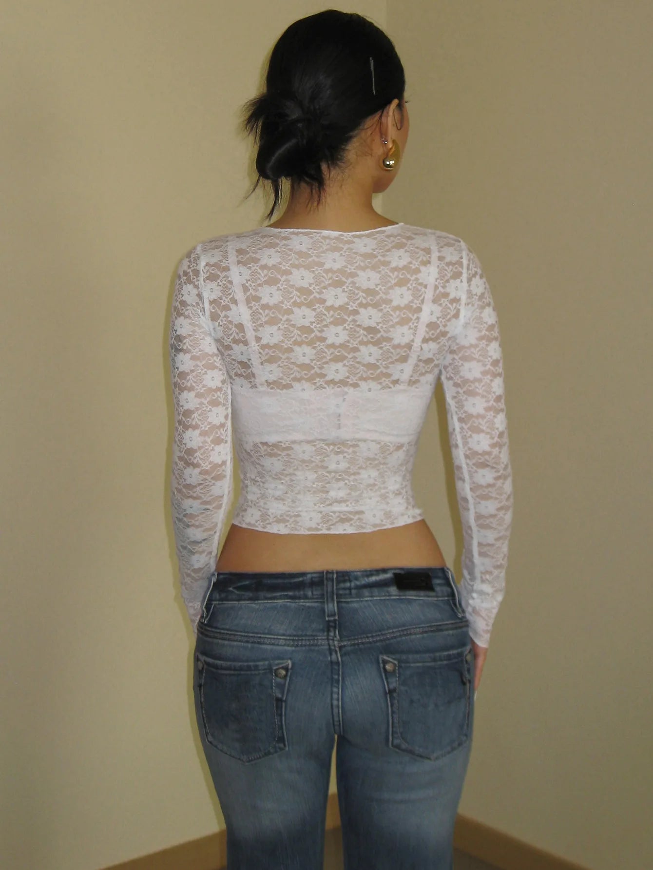 Women’s Sexy Lace Hot Girl Crop Top | Slim Fit Sheer Long Sleeve Streetwear Tee