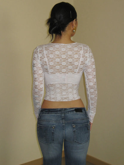 Women’s Sexy Lace Hot Girl Crop Top | Slim Fit Sheer Long Sleeve Streetwear Tee