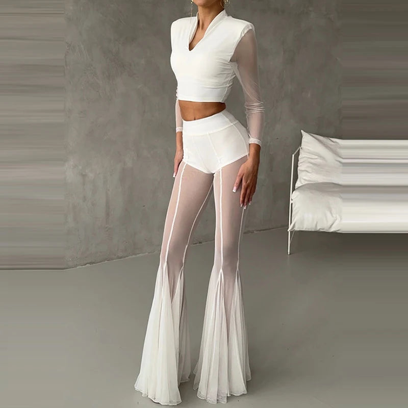 Women’s High Waist Flared Pants – Elegant Slim Fit Patchwork Transparent Bottoms