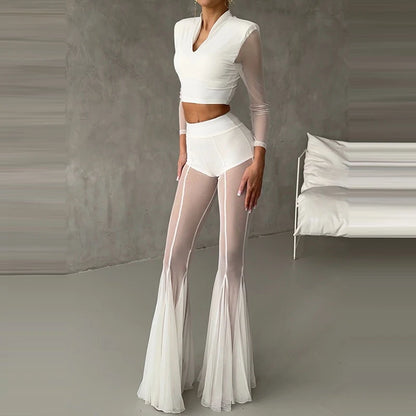 Women’s High Waist Flared Pants – Elegant Slim Fit Patchwork Transparent Bottoms