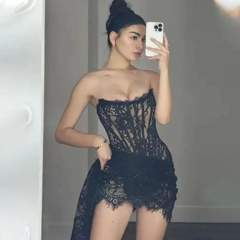 Women’s Strapless Lace Sexy Mini Dress – Elegant Party Sheer Patchwork Slim Fit Gown