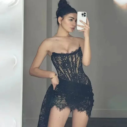 Women’s Strapless Lace Sexy Mini Dress – Elegant Party Sheer Patchwork Slim Fit Gown