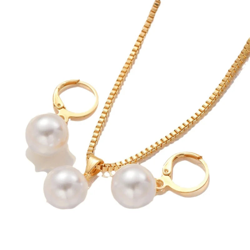 Women’s 3PCS Pearl Jewelry Set – Elegant Round Necklace & Earrings for Wedding or Gift