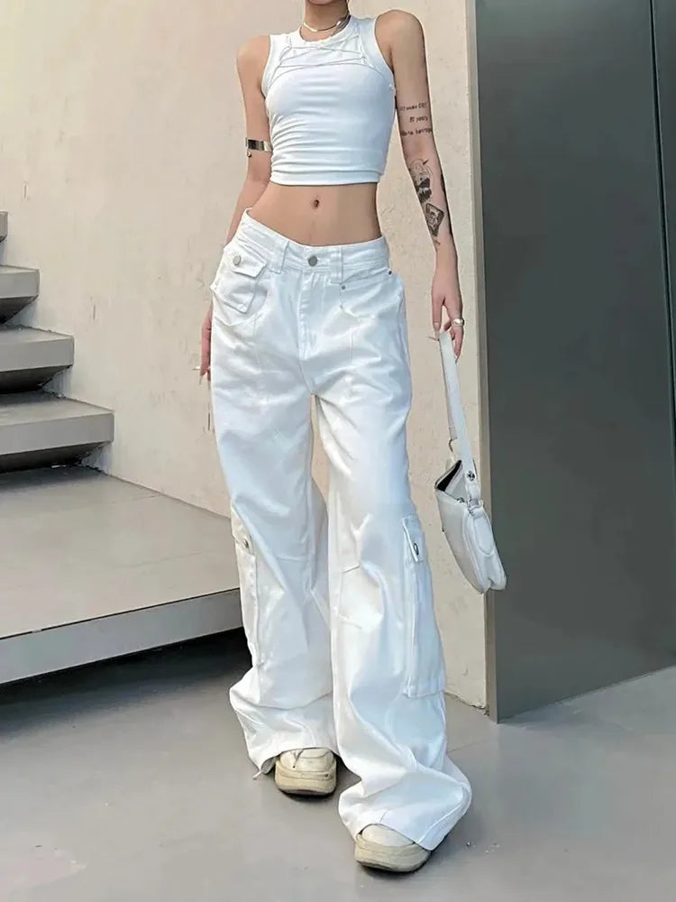 Women’s Korean Y2K Cargo Jeans Bottom – White Baggy Kpop Pants, Straight Wide Leg Elegant Trousers for Casual Streetwear Outfits