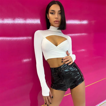 Women’s Solid Slim Hollow Out Crop Top | Long Sleeve Y2K Aesthetic Streetwear | Stylish Short Top