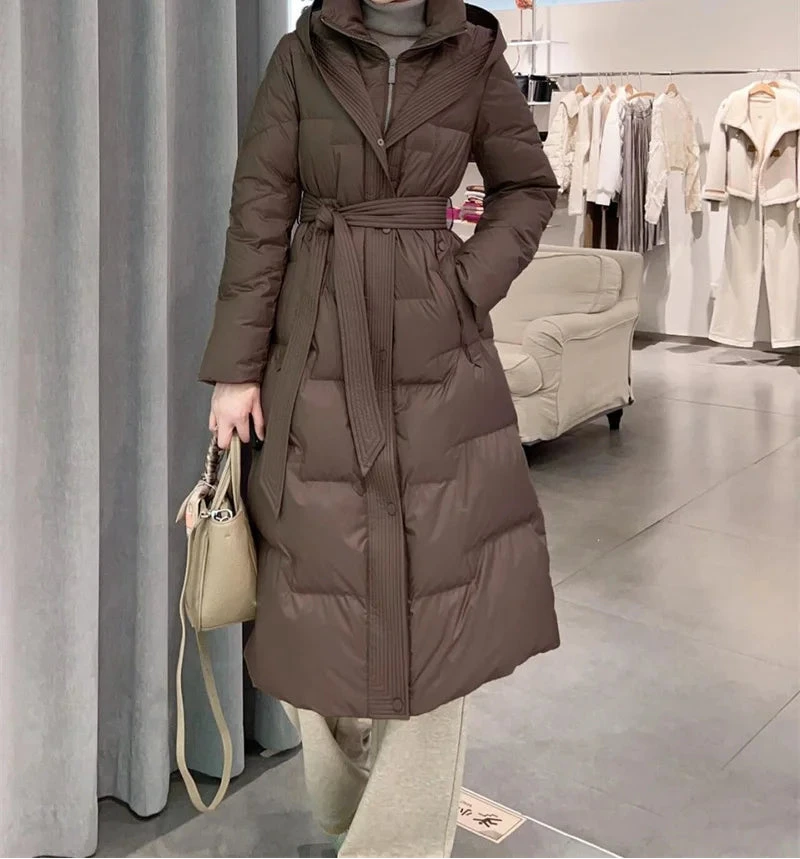Women’s Long Down Outerwear – Hooded Knee-Length Puffer Jacket