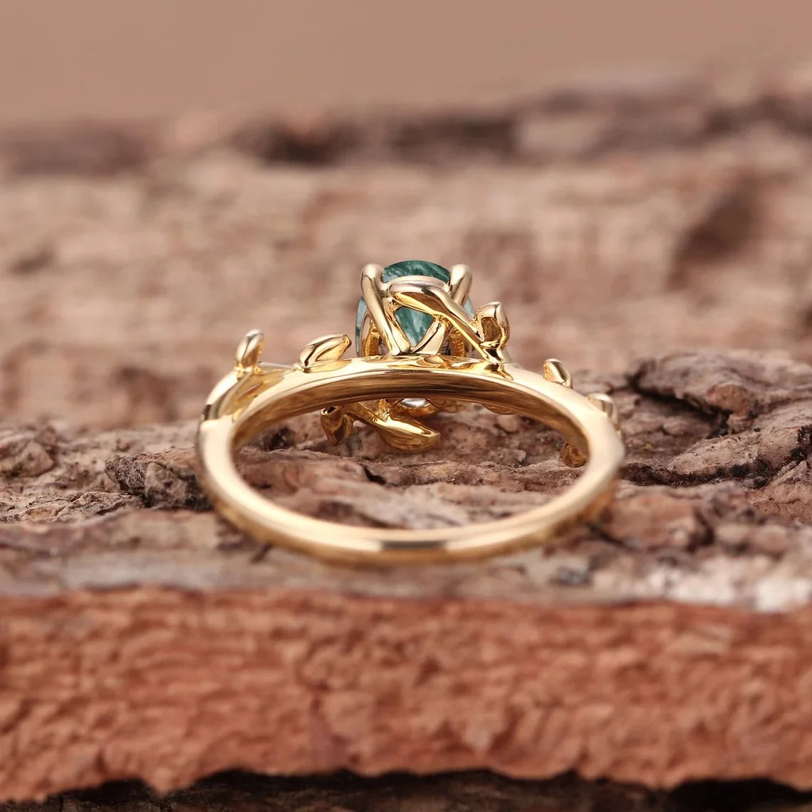 Women’s 925 Sterling Silver Moss Agate Oval Ring – Leaf Branch Cocktail Ring, Elegant Jewelry