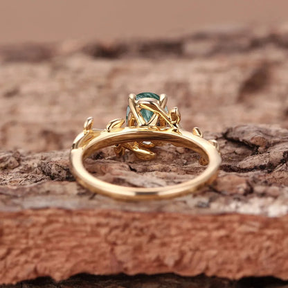 Women’s 925 Sterling Silver Moss Agate Oval Ring – Leaf Branch Cocktail Ring, Elegant Jewelry