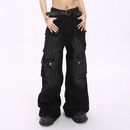Women’s Cyber Y2K Washed Black Baggy Cargo Jeans Bottom – Wide Leg Streetwear