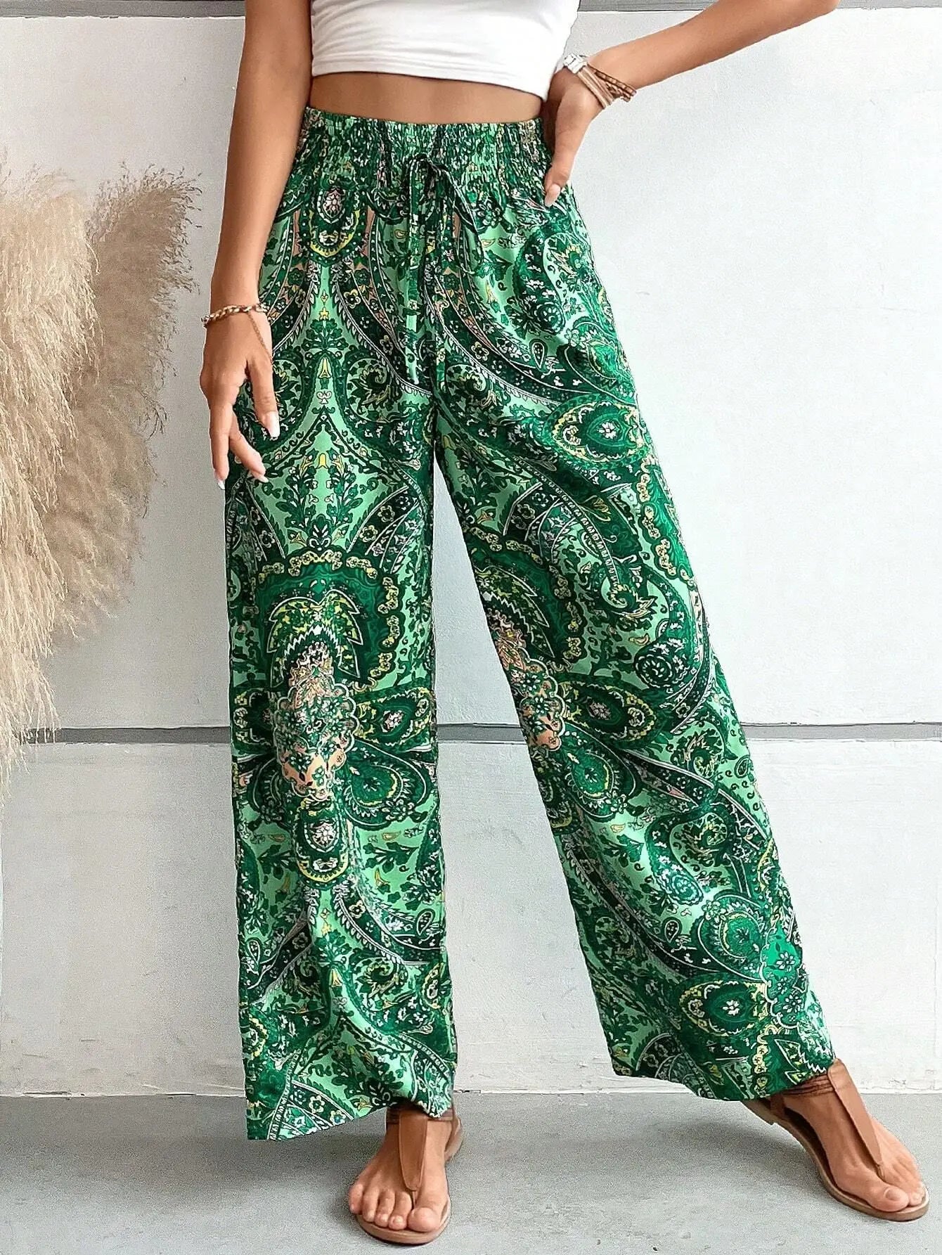 Women’s Summer Printed Pants Bottom – Elastic Waist Wide Leg Straight Trousers, Versatile & Breathable Streetwear
