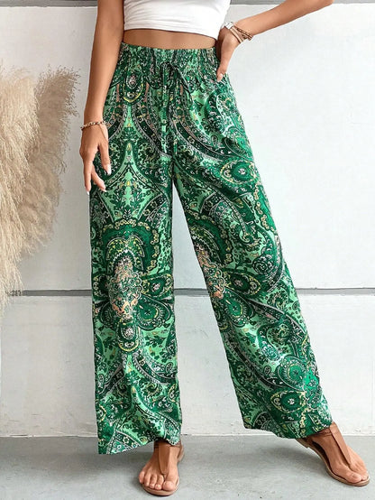Women’s Summer Printed Pants Bottom – Elastic Waist Wide Leg Straight Trousers, Versatile & Breathable Streetwear