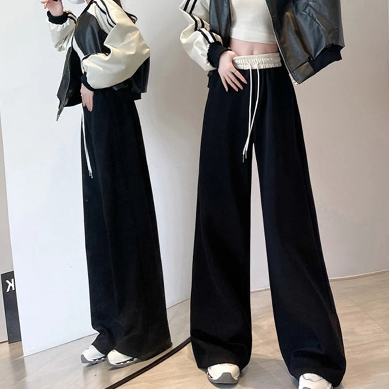 Women’s Contrast Color Drawstring Wide Leg Pants – Streetwear Loose Sport Bottoms