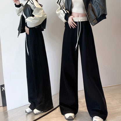 Women’s Contrast Color Drawstring Wide Leg Pants – Streetwear Loose Sport Bottoms