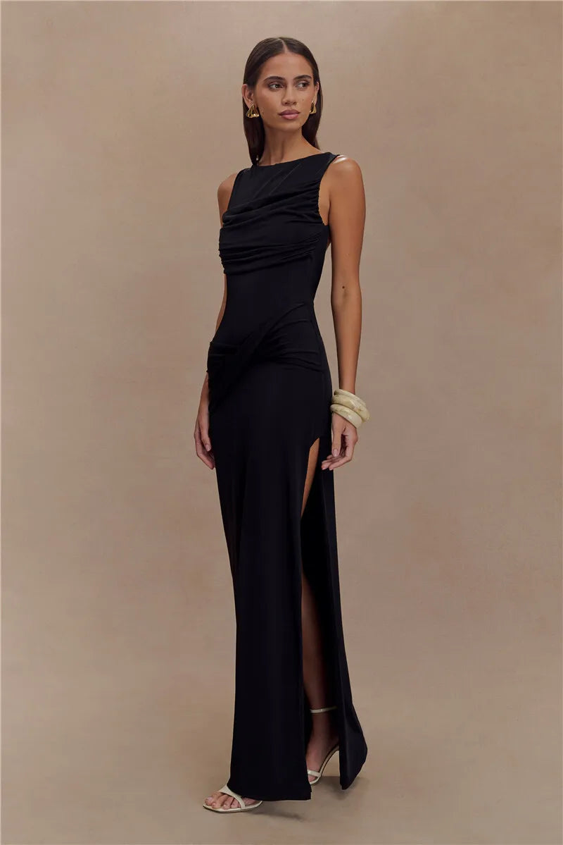 Women’s Backless Ruched Maxi Dress – Elegant Sleeveless High Split Summer Evening Gown