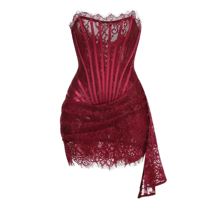 Women’s Strapless Lace Sexy Mini Dress – Elegant Party Sheer Patchwork Slim Fit Gown