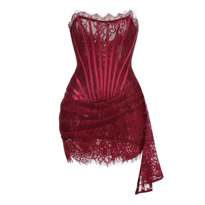 Women’s Strapless Lace Sexy Mini Dress – Elegant Party Sheer Patchwork Slim Fit Gown