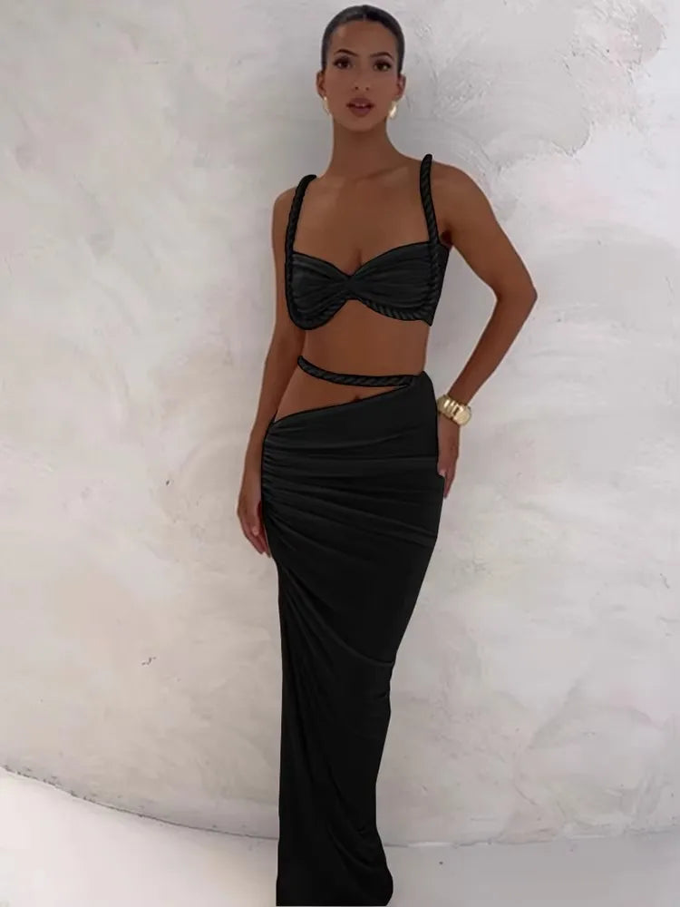 Women’s Elegant Ruched Two-Piece Set | Square Collar Summer Vacation Party Set