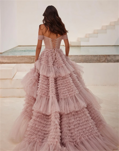 Women’s Off Shoulder Tulle Prom Dress – Elegant Maxi Multilayer Ball Gown with Train