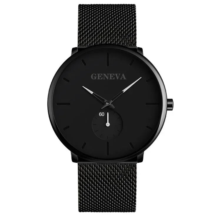 Men’s Ultra Thin Minimalist Watch – Leather & Stainless Steel Mesh Strap