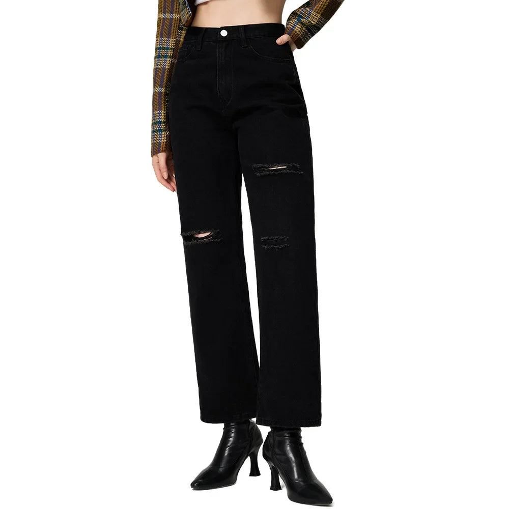 Women’s Ripped Denim Bottom – High Waist Distressed Hole Jeans, Vintage Straight Ankle-Length Pants
