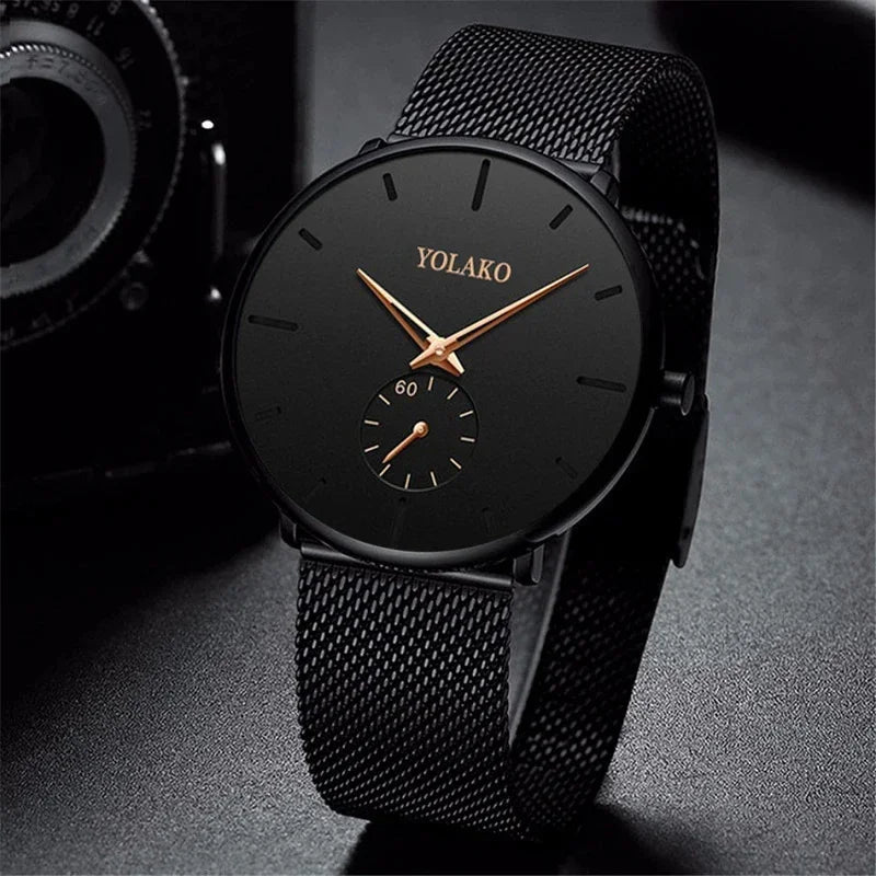 Men’s Ultra Thin Minimalist Watch – Leather & Stainless Steel Mesh Strap